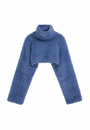 Pulover albastru cu guler înalt, scurtat, realizat dintr-un material moale și pufos. Are mâneci lungi și un model texturat pe toată suprafața.