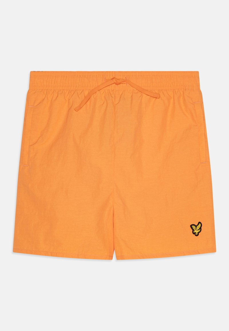 Oranžiniai plaukimo šortai su elastinga juosmeniu ir raišteliu. Kairėje kojoje yra juodas išsiuvinėtas logotipas, o šonuose yra kišenės.