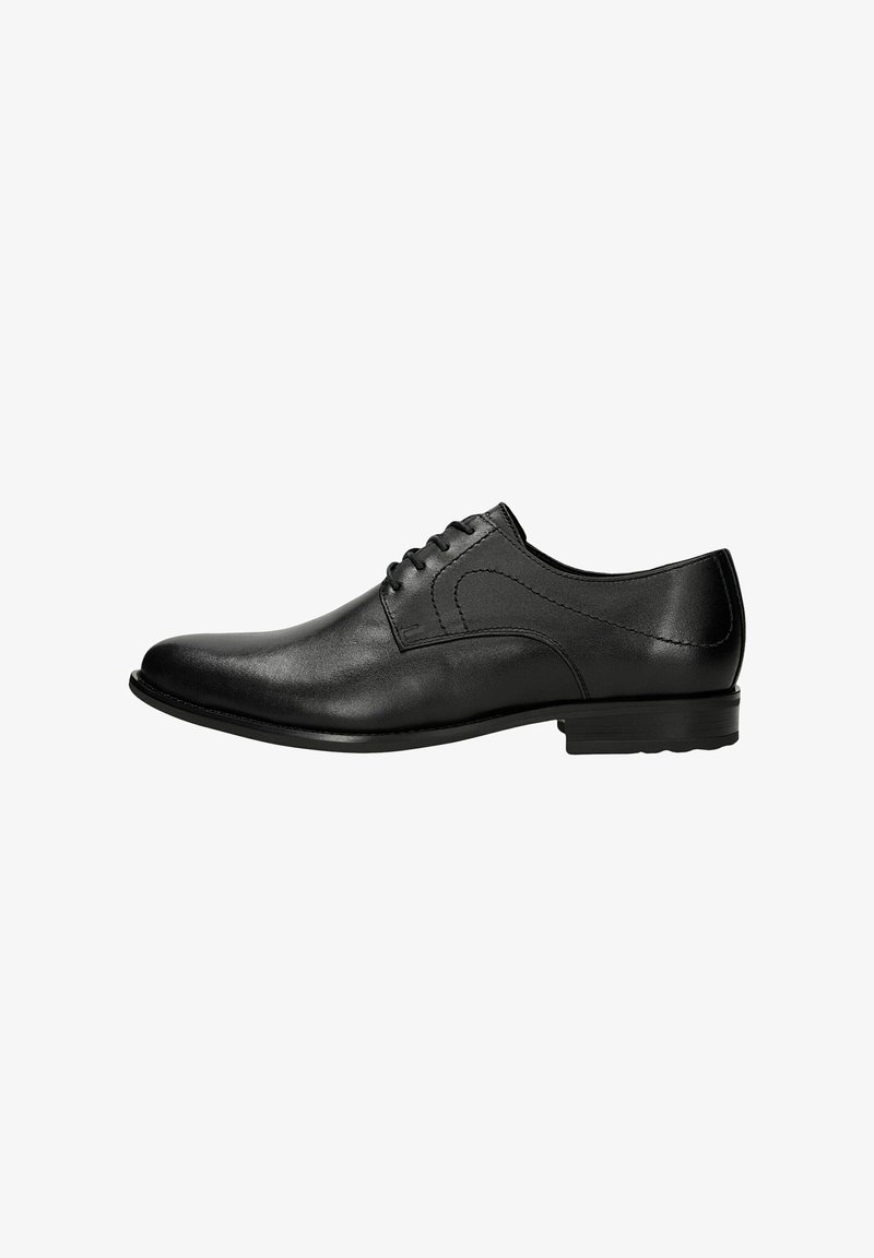 Scarpa da uomo in pelle nera, con punta arrotondata, design con lacci, accenti di cucitura discreta e tacco basso. Texture liscia e silhouette classica.