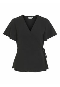 Blusa nera avvolgente con maniche corte a volantino, tessuto texturizzato, scollatura a V, laccio regolabile in vita e un orlo fluido.