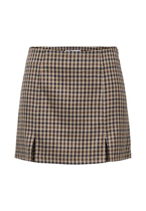 Minigonna a quadri beige e blu scuro con due piccole aperture frontali e silhouette a linea A.