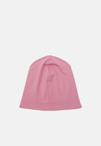 Pink cotton beanie with a smooth texture, rounded top, and a seamless design. The fabric appears lightweight with no visible patterns or accents.
