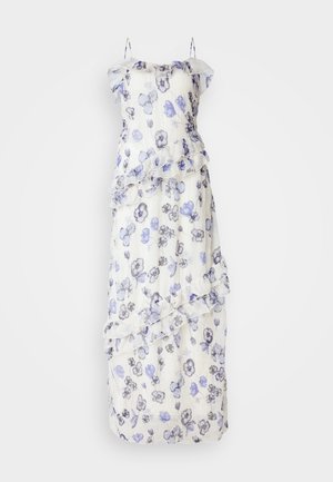Vestido longo e transparente com padrão floral em tons de azul e cinza. Apresenta camadas franzidas e alças finas delicadas. Base branca.