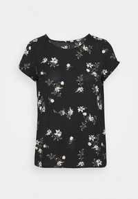 Blusa nera a maniche corte con un motivo floreale che presenta dettagli bianchi e verdi. Tessuto liscio con scollatura rotonda e vestibilità comoda.