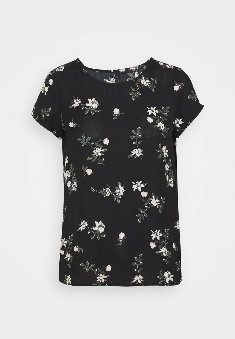 Blusa nera a maniche corte con un motivo floreale che presenta dettagli bianchi e verdi. Tessuto liscio con scollatura rotonda e vestibilità comoda.