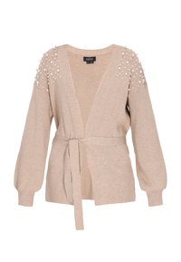 Beżowy kardigan z balonowymi rękawami, żebrową teksturą, otwartym przodem i zawiązywanym w pasie. Ozdobiony białymi perełkami na ramionach dla detalu.