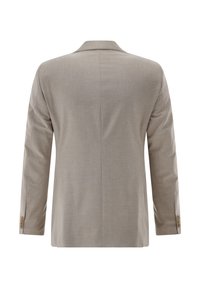 Beiger Herrenblazer mit langen Ärmeln, Nahtdetail auf der Rückseite und geknöpften Manschetten, von hinten auf weißem Hintergrund gezeigt.