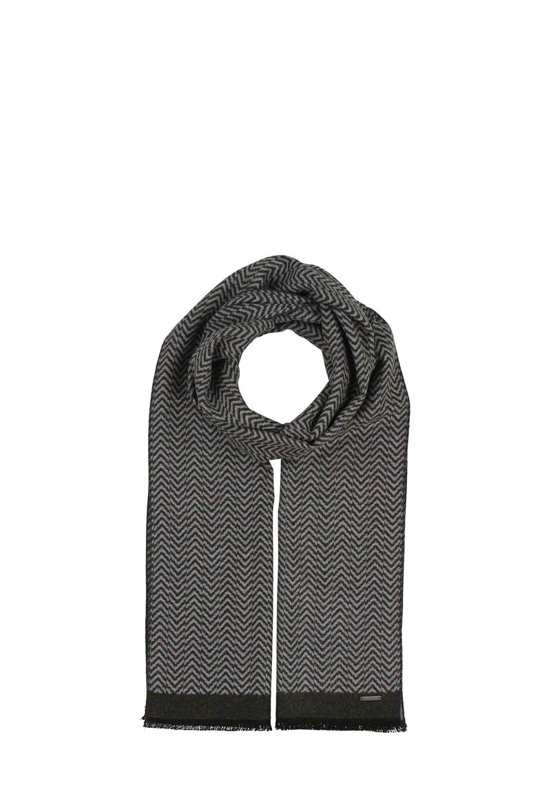 Eșarfă cu model herringbone în culorile negru și gri, realizată dintr-un material texturat, cu margini franjurate și o etichetă la un capăt.