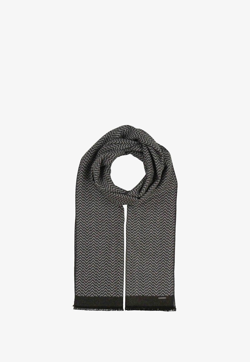 Szal w wzór zygzaka w czerni i szarości, wykonany z teksturowanej tkaniny z frędzlami na krawędziach oraz metką na jednym końcu.