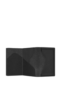Portefeuille en cuir noir avec une texture lisse, doté d'une doublure en feutre gris et d'un emplacement pour des cartes, présenté en position ouverte.