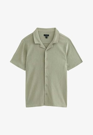 Camicia a maniche corte con bottoni e colletto a camp in tessuto verde chiaro e strutturato.