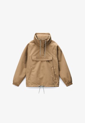 Heller Pullover mit hohem Kragen, Frontklappe mit geprägt geprägtem Logo, Kordelzügen am Kragen und Saum sowie elastischen Bündchen.