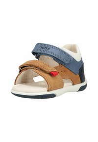 Brun og blå sandal til småbørn med åben tå, justerbare velcro-remme, polstret sål og mærke på remmen rundt om anklen.