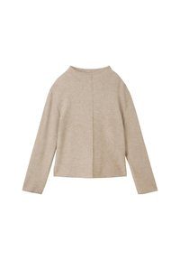 Beige Langarmoberteil mit einem runden Halsausschnitt. Der Stoff wirkt strukturiert und hat eine zentrale Naht auf der Rückseite.