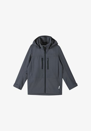 Graue wasserdichte Jacke mit Kapuze, zwei vorderen Reißverschlusstaschen und geradem Schnitt. Der Stoff hat eine glatte Textur und ist maschinenwaschbar.