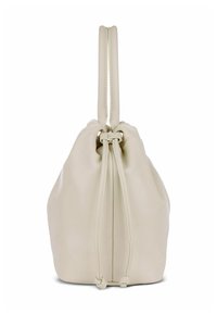 Bolso de cuero crema con cordón, dos asas largas, textura suave, forma redondeada y cierre de bolsa en la parte superior.