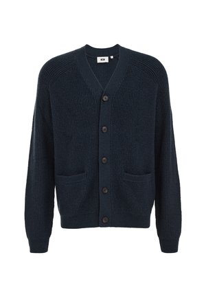 Marineblauw vest met een gestructureerd breipatroon, V-hals en knoopsluiting aan de voorkant. Voorzien van twee steekzakken en geribbelde manchetten.