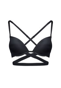 Czarny stanik z gładkimi, wyściełanymi miseczkami i skrzyżowanymi ramiączkami, charakteryzujący się minimalistycznym wzornictwem i miękką teksturą dla wygody i wsparcia.