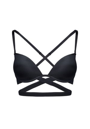 Czarny stanik z gładkimi, wyściełanymi miseczkami i skrzyżowanymi ramiączkami, charakteryzujący się minimalistycznym wzornictwem i miękką teksturą dla wygody i wsparcia.
