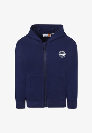 Marineblauwe rits-hoodie van zachte stof, met een logo aan de voorkant, twee zijzakken en ribgebreide manchetten en onderkant.