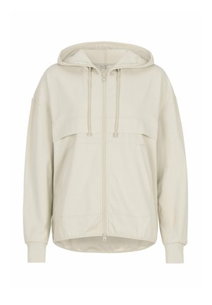 Hellbeige Kapuzenpullover mit Reißverschluss, Kordelzug, langen Ärmeln, gerippten Bündchen und einem leicht asymmetrischen Saum.