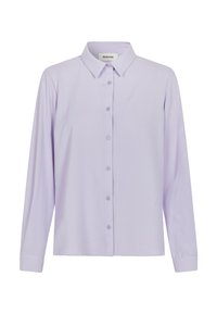 Lila Hemdbluse mit klassischem Kragen, langen Ärmeln und passenden Knöpfen. Glattes Material mit dezentem Glanz und lässiger Passform.