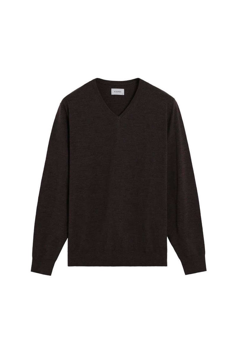 Suéter de pico de color marrón oscuro hecho de un material suave, con mangas largas y un diseño clásico que incluye puños y dobladillo acanalados.