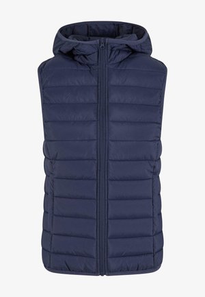 Temno modra brezrokavnik s kapuco, vertikalnim prešitim vzorcem in zadrgo spredaj. Lahka, gladka tekstura tkanine.