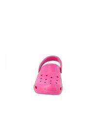 Pink clogs made of lightweight material, featuring a rounded design, ventilation holes, and a back strap for secure fit.