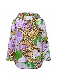 Mikina s květinovým a leopardím potiskem v purpurové, zelené a žluté barvě. Disponuje stahovací kapucí a zakřiveným lemem, vyrobena z lehkého materiálu.
