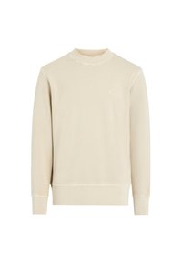 Felpa beige a girocollo realizzata in morbido cotone. Caratterizzata da polsini e orlo a coste, con un piccolo logo sul petto. Texture liscia, design minimale.