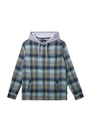 Camicia di flanella a quadri con cappuccio grigio, caratterizzata da motivi a scacchi blu, verde e giallo, chiusura con bottoni e tasche laterali.