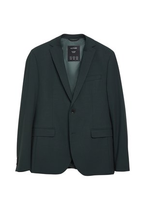 Dunkelgrüner Ein-Knopf-Blazer mit Kerbklappen, vorderen Pattentaschen und sichtbarem Markeninnenlabel.