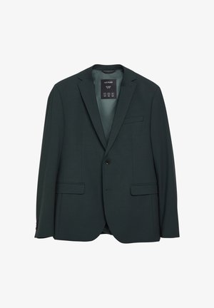 Dunkelgrüner Ein-Knopf-Blazer mit Kerbklappen, vorderen Pattentaschen und sichtbarem Markeninnenlabel.
