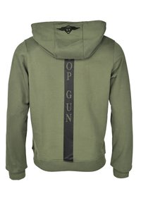 Olijfgroene hoodie van zachte stof, met een zwarte verticale streep met de tekst "TOP GUN" en een logo op de achterkant, met capuchon ontwerp.