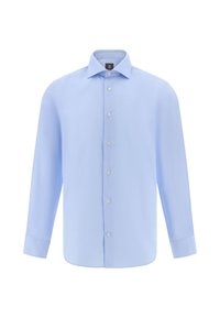 Světle modrá košile na knoflíky s dlouhými rukávy, límečkovým designem a bílými knoflíky, vyrobená z hladkého materiálu s jednobarevným vzorem.