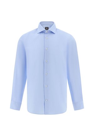 Hellblaues Hemd mit langen Ärmeln, Kragen-Design und weißen Knöpfen, aus glattem Stoff mit einfarbigem Muster.
