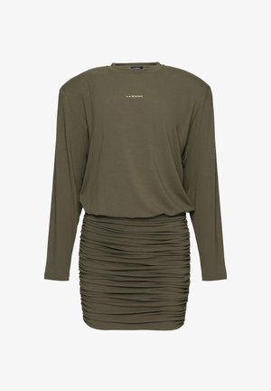 Õlivihre rokkvarrukatega kleit volditud seelikuga ja "LA MANIA" logo rinnal keskel.