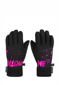 Schwarze Handschuhe mit pinkfarbigem Graffiti-Text "FOLLOW ME" und Spritzmuster; verstellbare Handgelenkriemen; gepolstert für Wärme und Komfort.