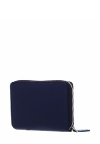 Portefeuille en cuir bleu marine avec fermeture éclair, texture lisse, design plat et détail de logo subtil sur le devant.