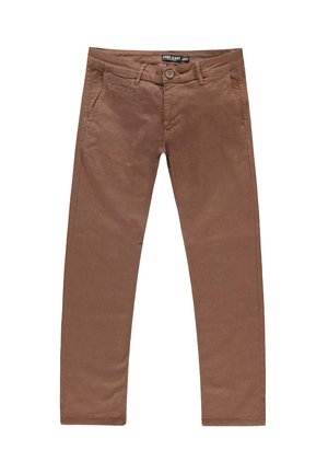 Bruine katoenen chinos met een slim fit, voorzien van een knoopsluiting, zijzakken en een subtiele textuur.