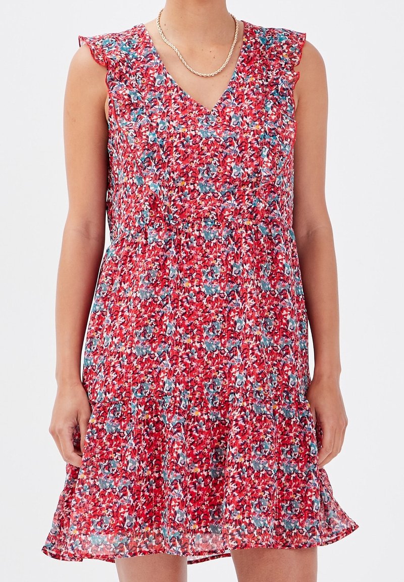 Red floral dress with a V-neck, ruffled sleeves, and a flared skirt. Features a mix of blue, yellow, and white flowers on a textured fabric.