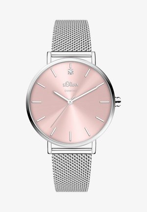 Reloj de pulsera con correa de malla plateada, esfera rosa, marcadores de hora plateados minimalistas y un pequeño diamante en la posición de las 12.