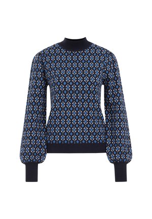 Pull avec un col haut, présentant un motif en losange bleu et blanc sur fond marine, des poignets côtelés et des manches légèrement bouffantes.