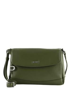 Sac bandoulière en cuir vert olive avec fermeture à rabat, bandoulière ajustable, boucle argentée et petit logo métallique "Picard" sur le devant.