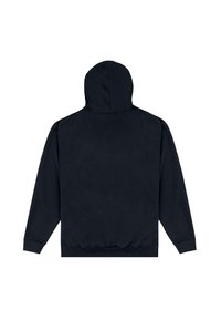 Černá mikina s kapucí hladké textury, s dlouhými rukávy a žebrovaným lemem. Na zadní straně nejsou viditelné loga ani vzory.