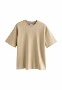 Beige T-Shirt mit kurzen Ärmeln, rundem Halsausschnitt, strukturiertem Rippstoff und lockerer Passform. Keine sichtbaren Grafiken oder Akzente.