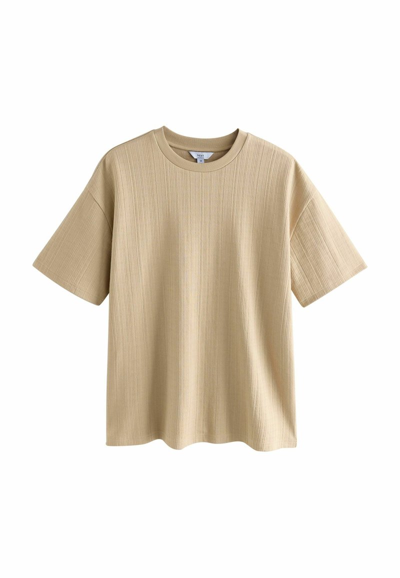 Beige T-Shirt mit kurzen Ärmeln, rundem Halsausschnitt, strukturiertem Rippstoff und lockerer Passform. Keine sichtbaren Grafiken oder Akzente.
