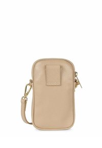 Borsa a tracolla in pelle beige con finitura testurizzata, chiusura con zip, tasca frontale e dettagli in hardware dorato. Dotata di una tracolla removibile.