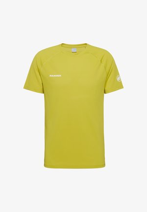 Gelbes, kurzärmeliges Sport-T-Shirt mit dem "Mammut"-Logo auf der linken Brust und einem weißen Mammut-Emblem auf dem rechten Ärmel.